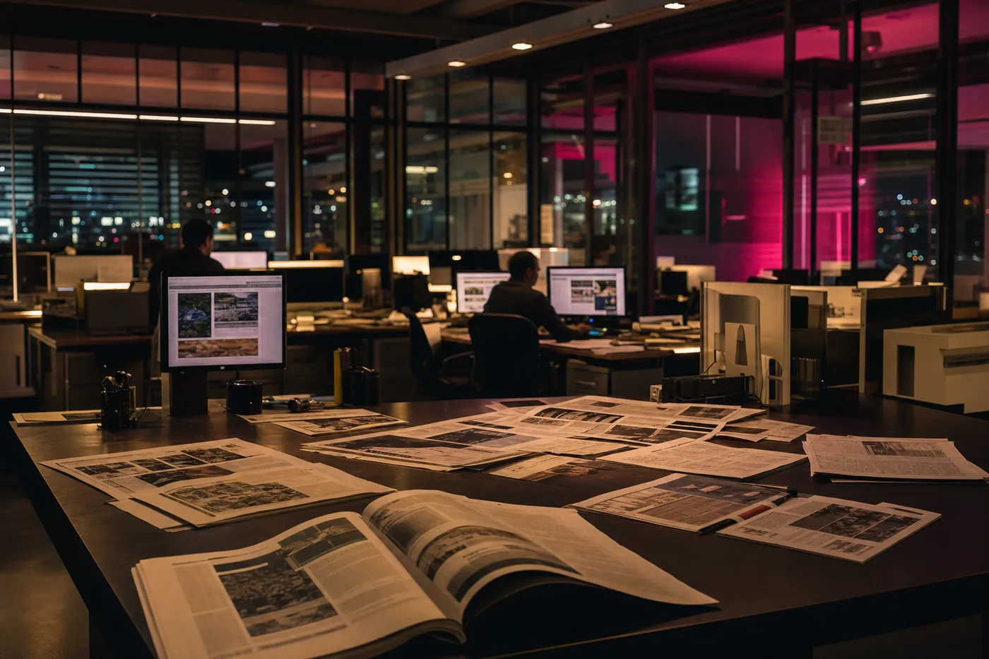 Newsroom at night, printed proofs on the table